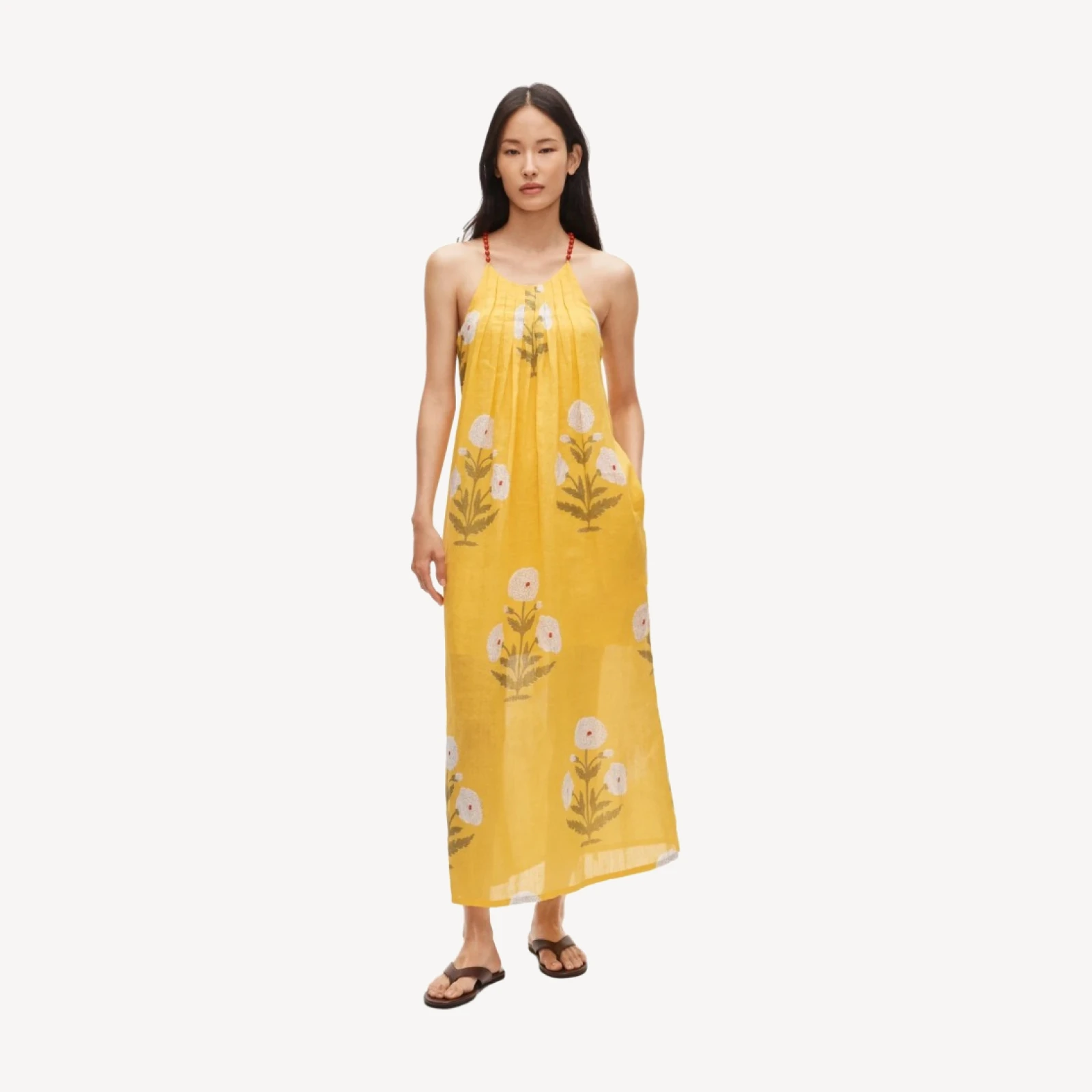Beaded-strap dress in marigold block-print ramie