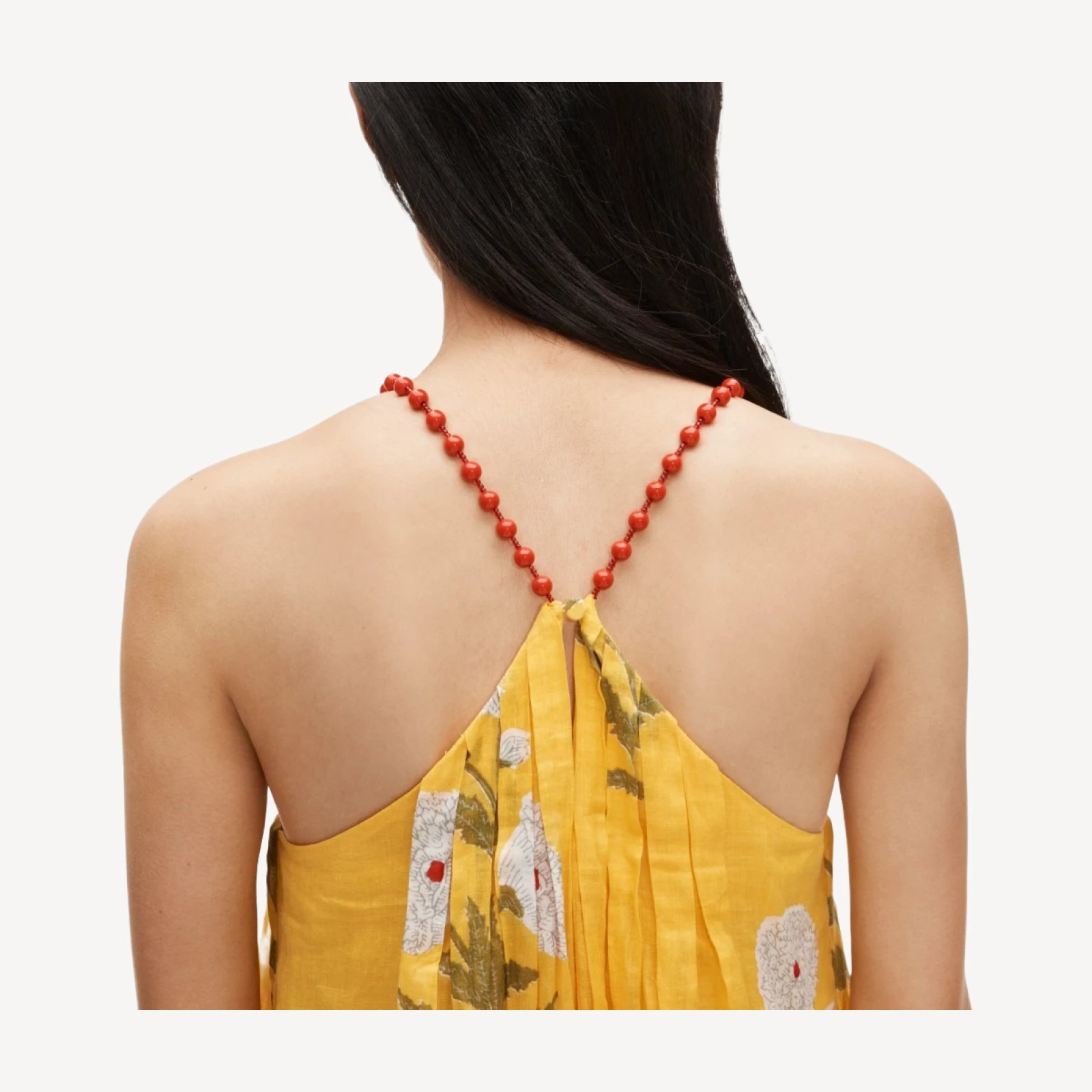 Beaded-strap dress in marigold block-print ramie