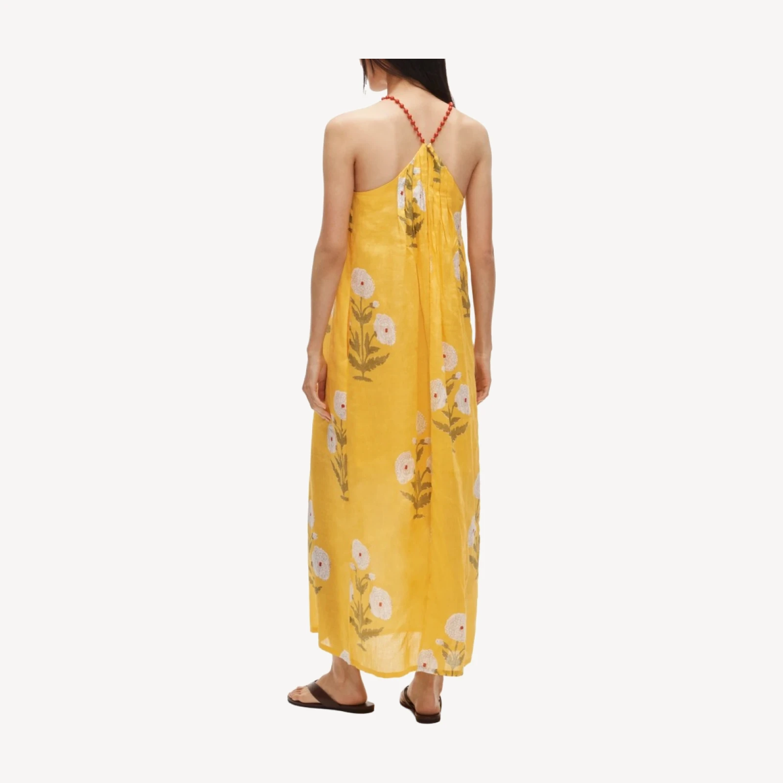 Beaded-strap dress in marigold block-print ramie