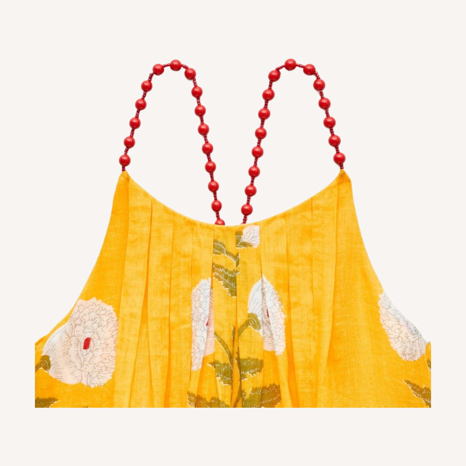 Beaded-strap dress in marigold block-print ramie
