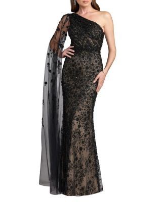 Mac Duggal Embellished Lace One Shoulder Gown With Cape Sleeve