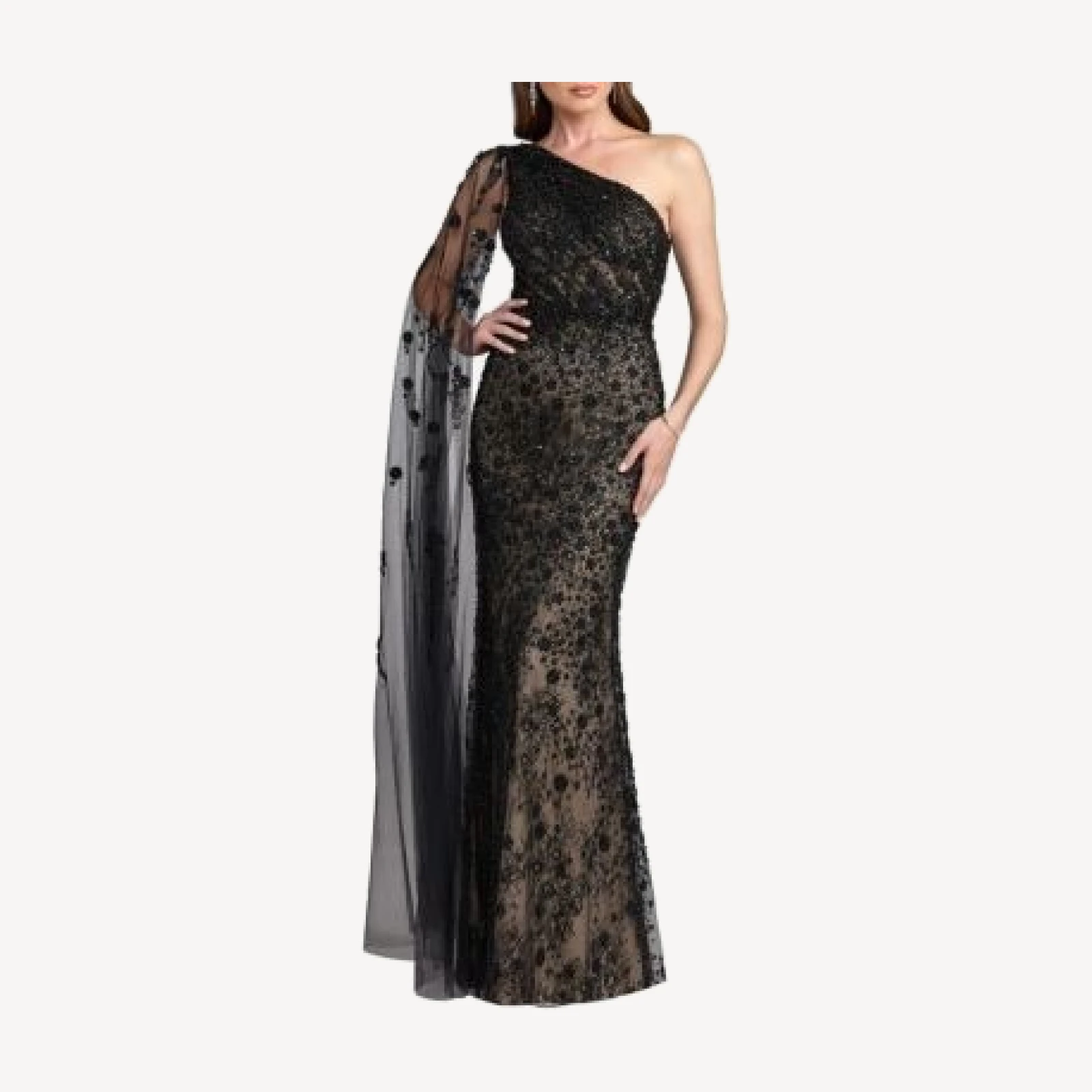 Mac Duggal Embellished Lace One Shoulder Gown With Cape Sleeve