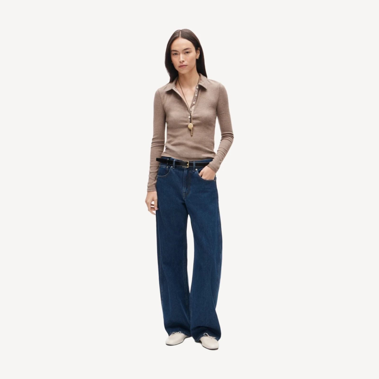 Perfect rib long-sleeve polo shirt with satin trim
