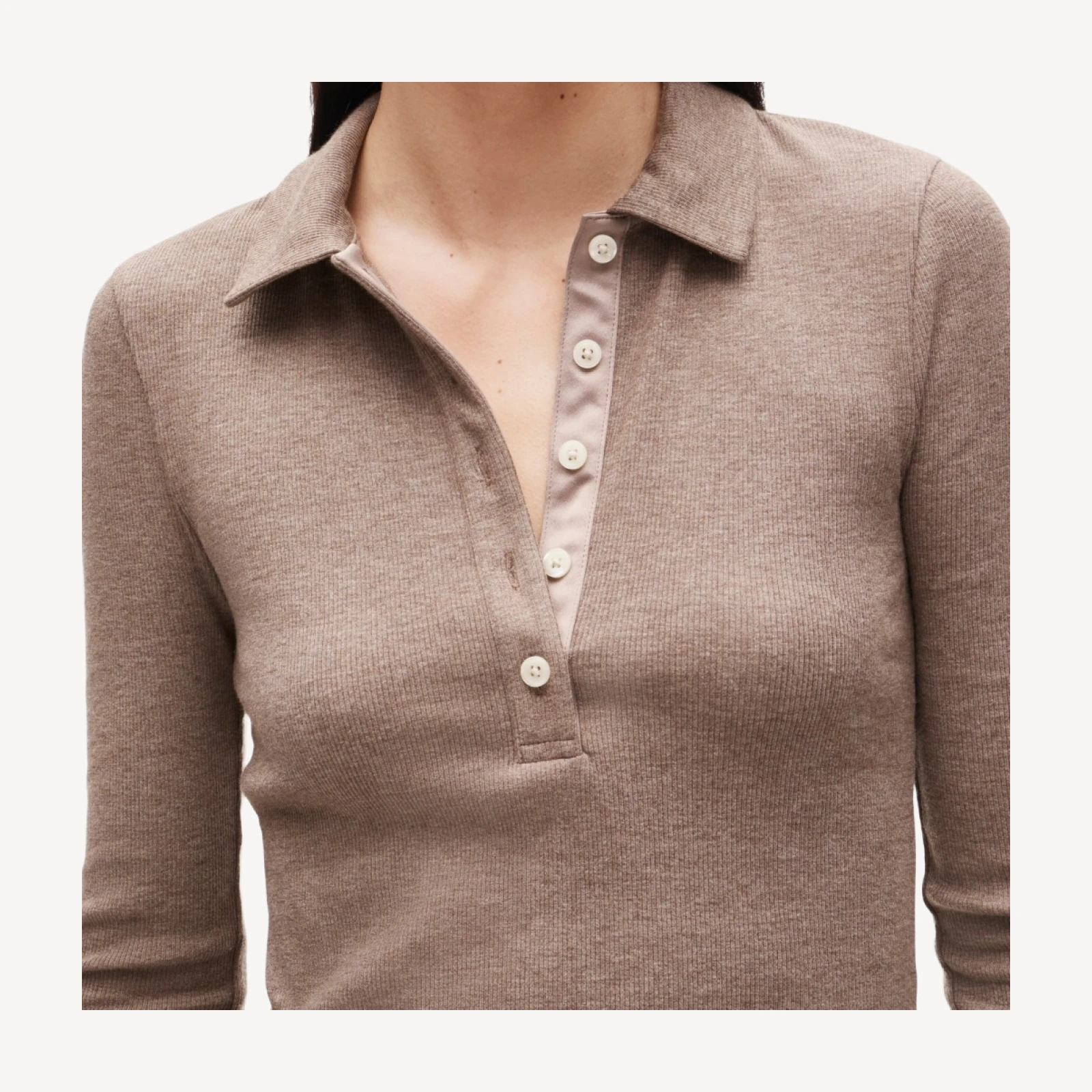 Perfect rib long-sleeve polo shirt with satin trim