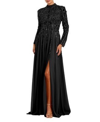 Mac Duggal Petite Long Sleeve High Neck Embellished Satin Gown