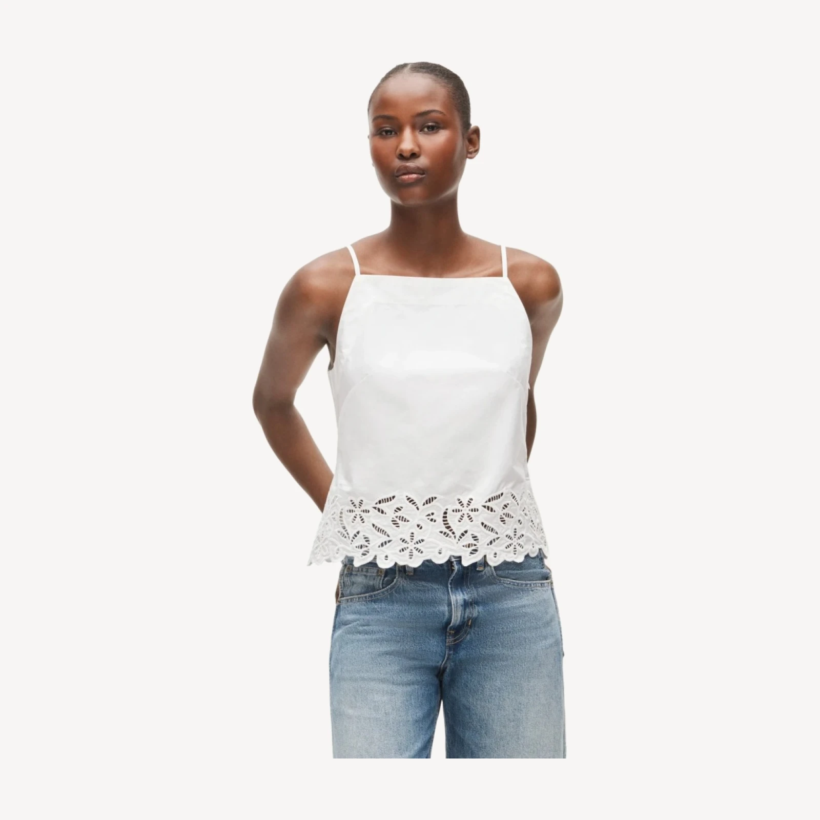 Embroidered high-neck top in cotton poplin