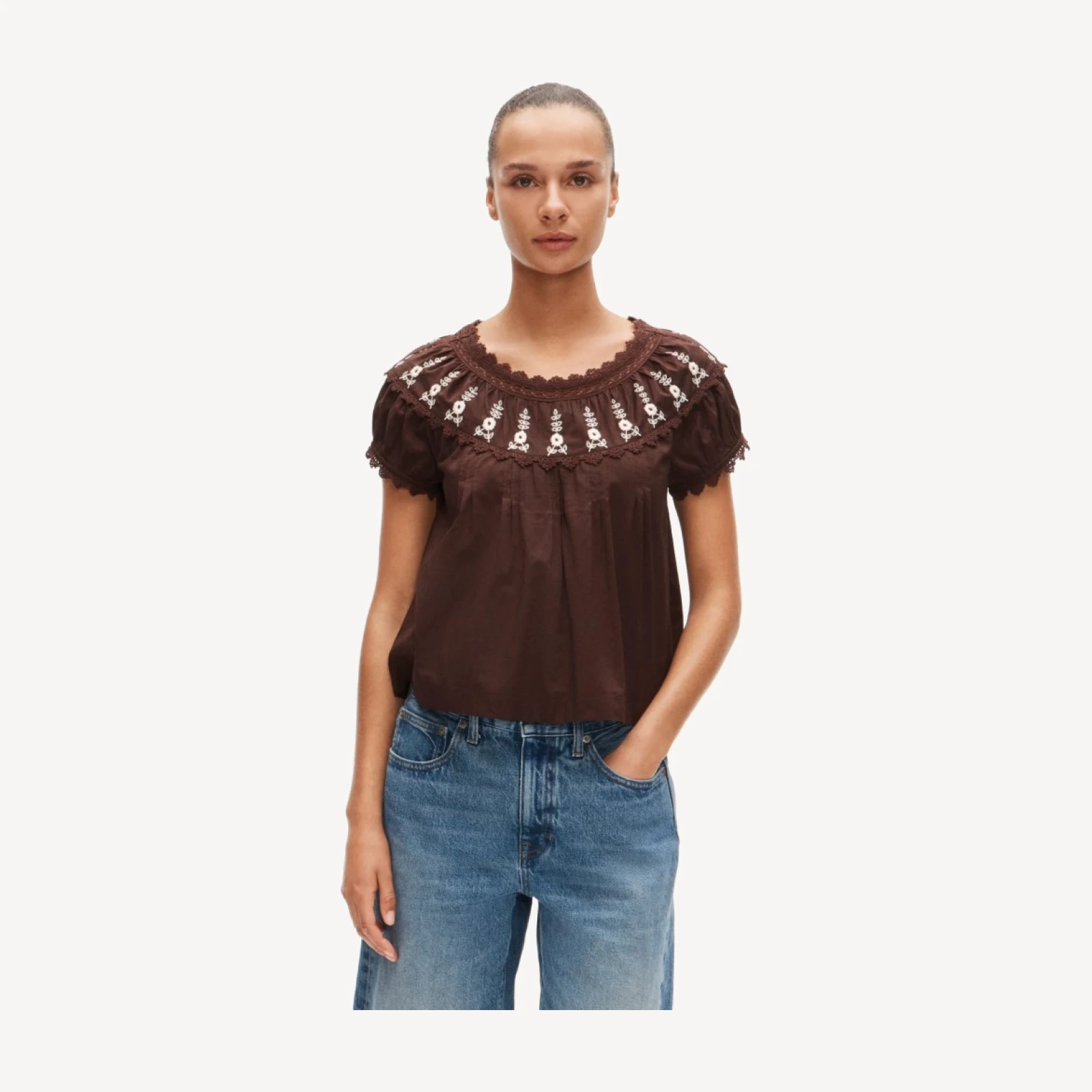 Embroidered cap-sleeve top