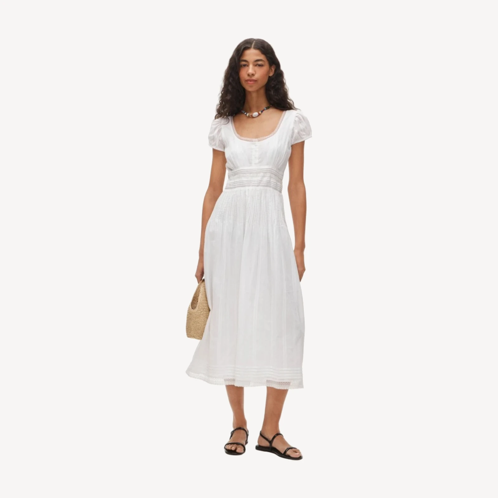 Lace-trim pintuck midi dress in cotton dobby