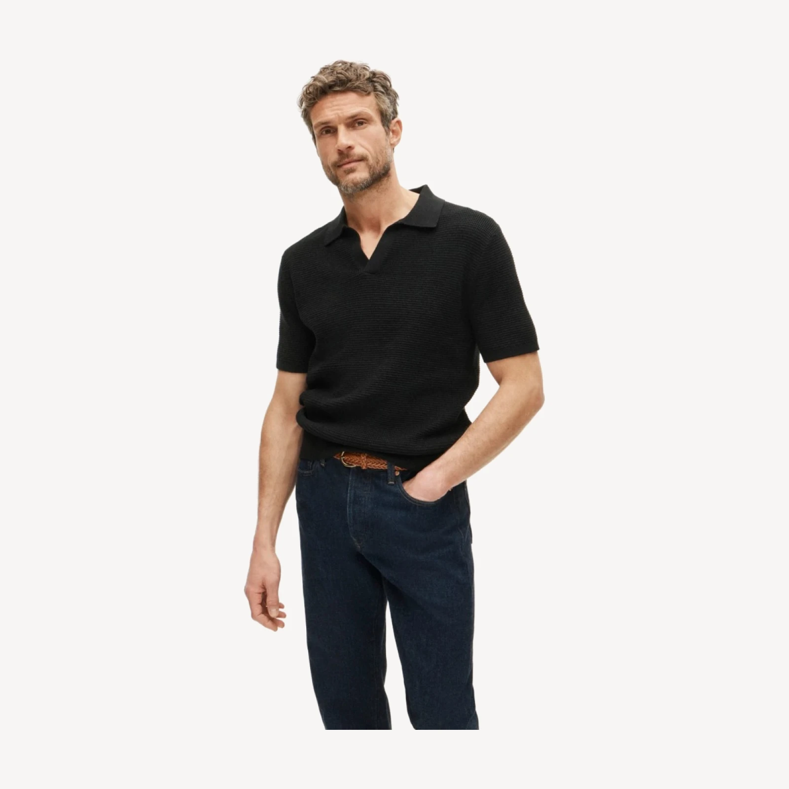 Short-sleeve cotton waffle-knit johnny-collar sweater-polo