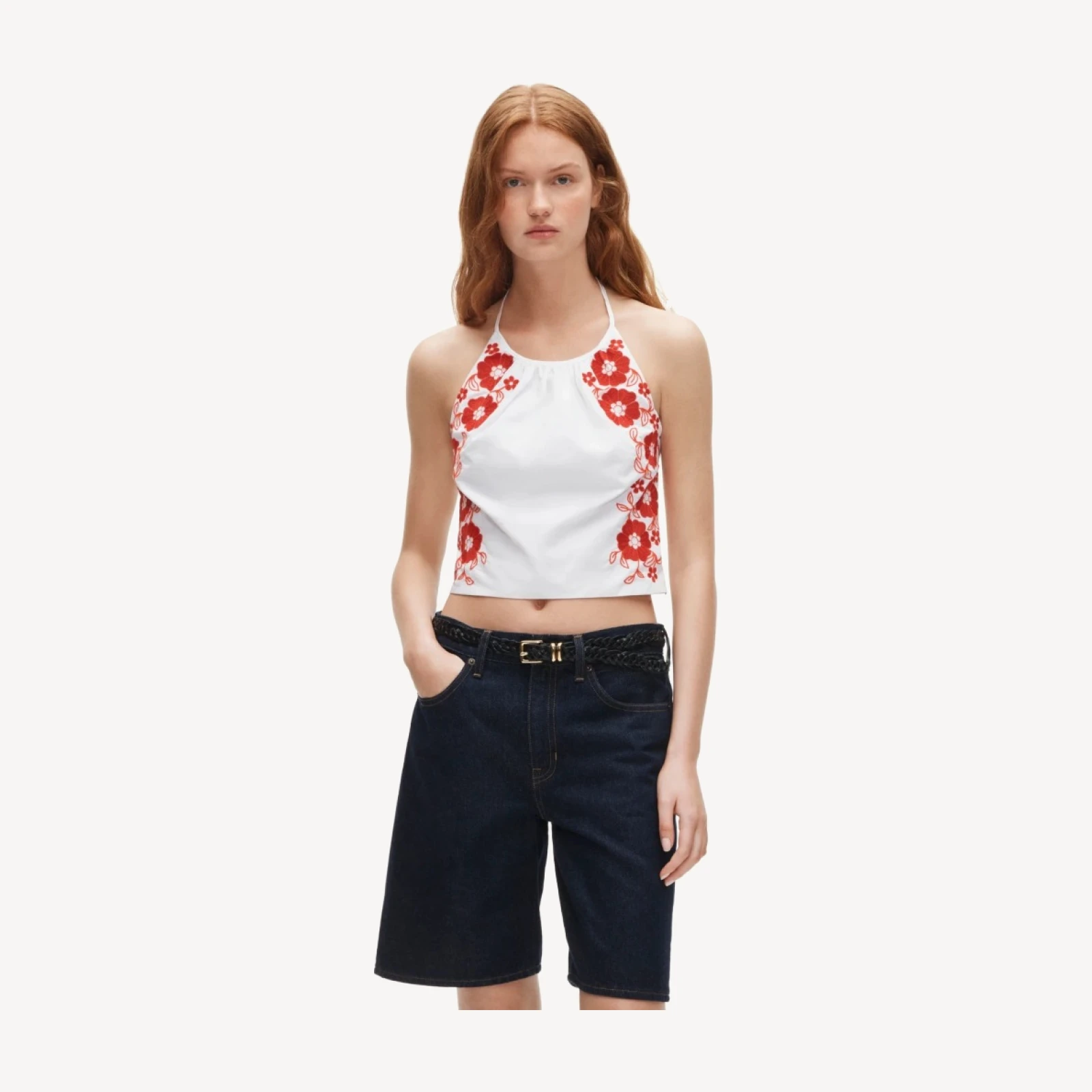 Halter tank top with floral embroidery