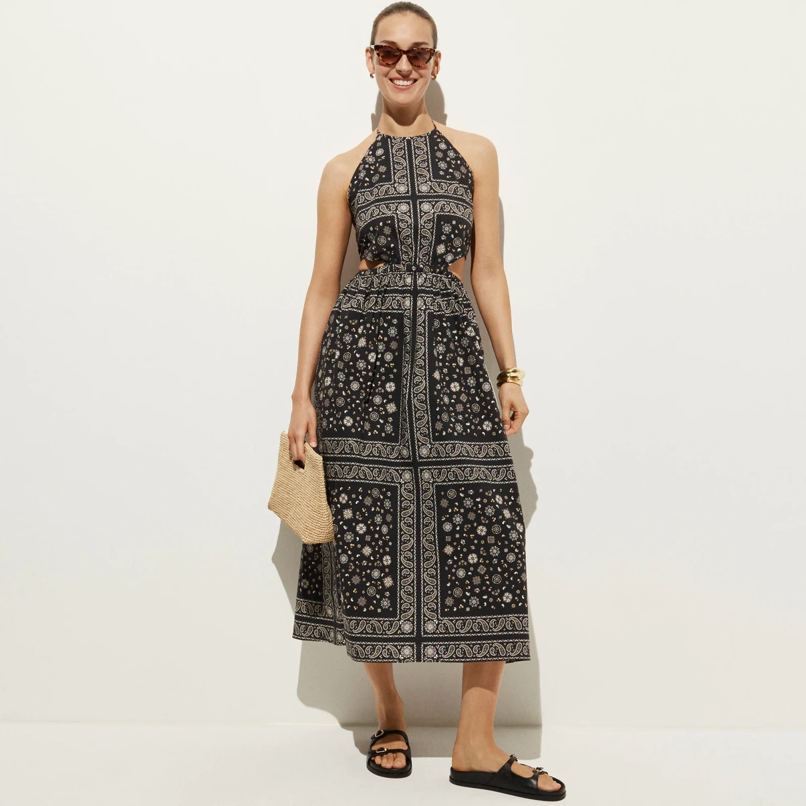 Side-cutout halter dress in bandana-print cotton poplin
