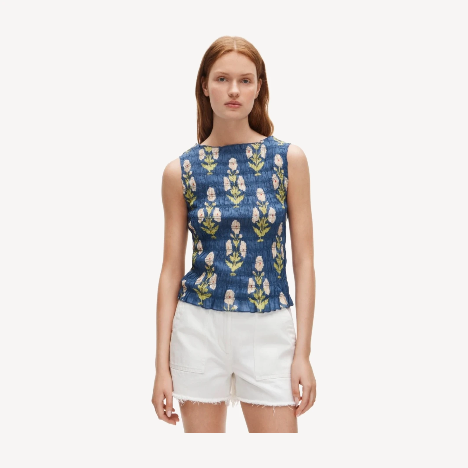 Smocked shell top in marigold block-print ramie