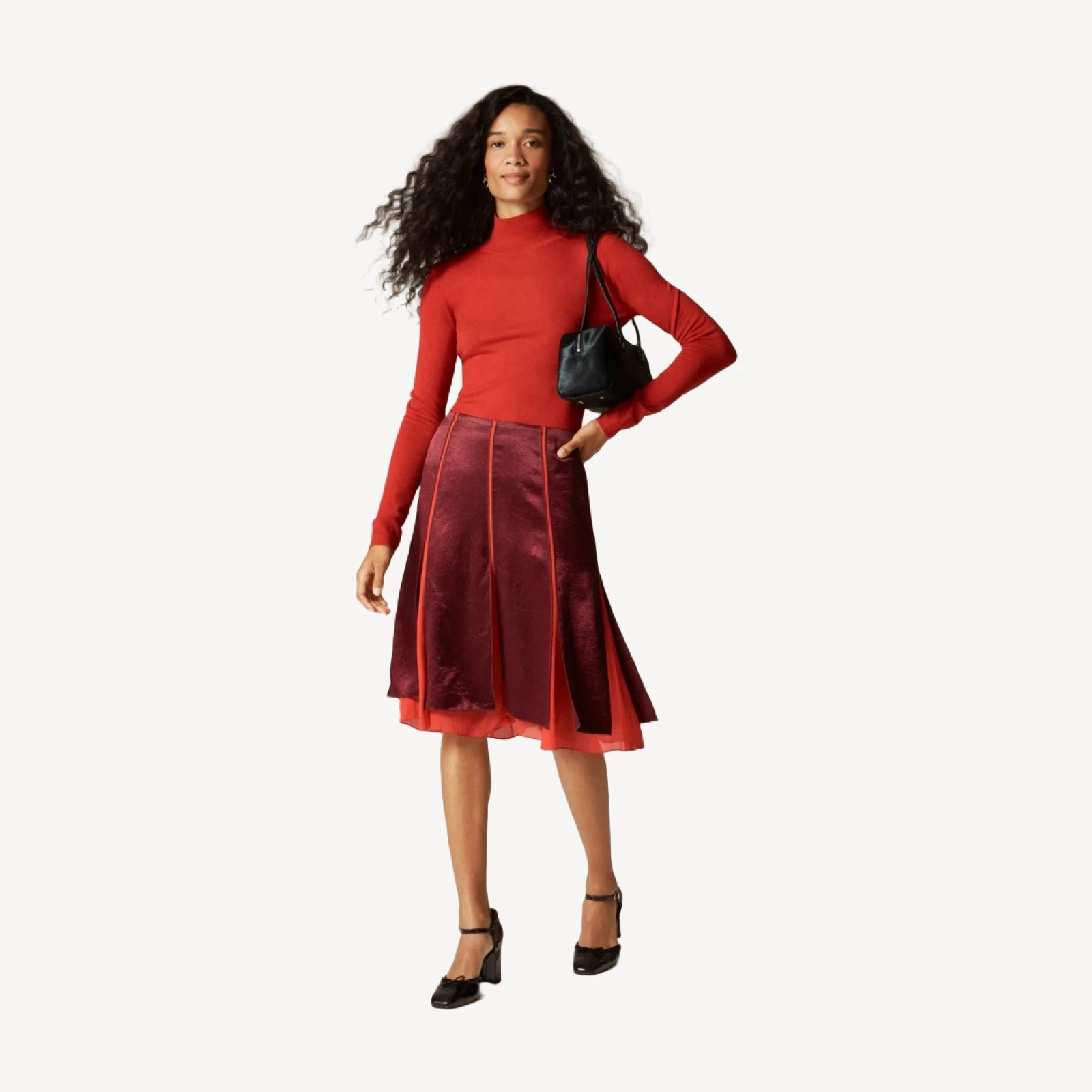Paneled midi slip skirt in textured satin chiffon