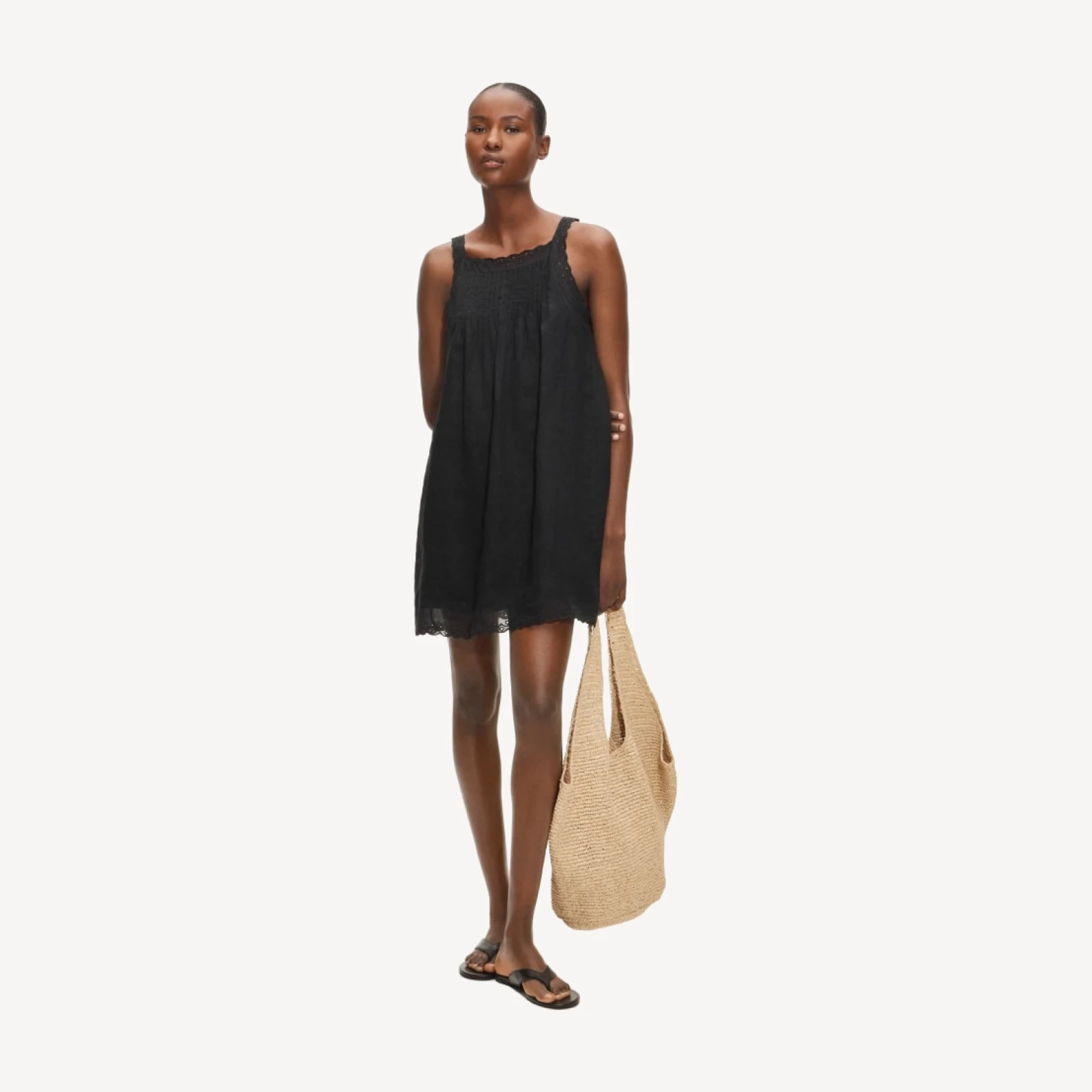 Scallop-trim mini dress in ramie