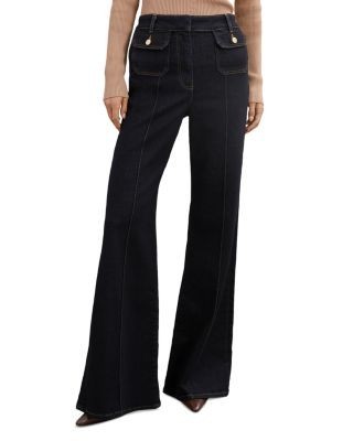 Reiss Ria High Rise Button Detail Flare Jeans in Dark Blue
