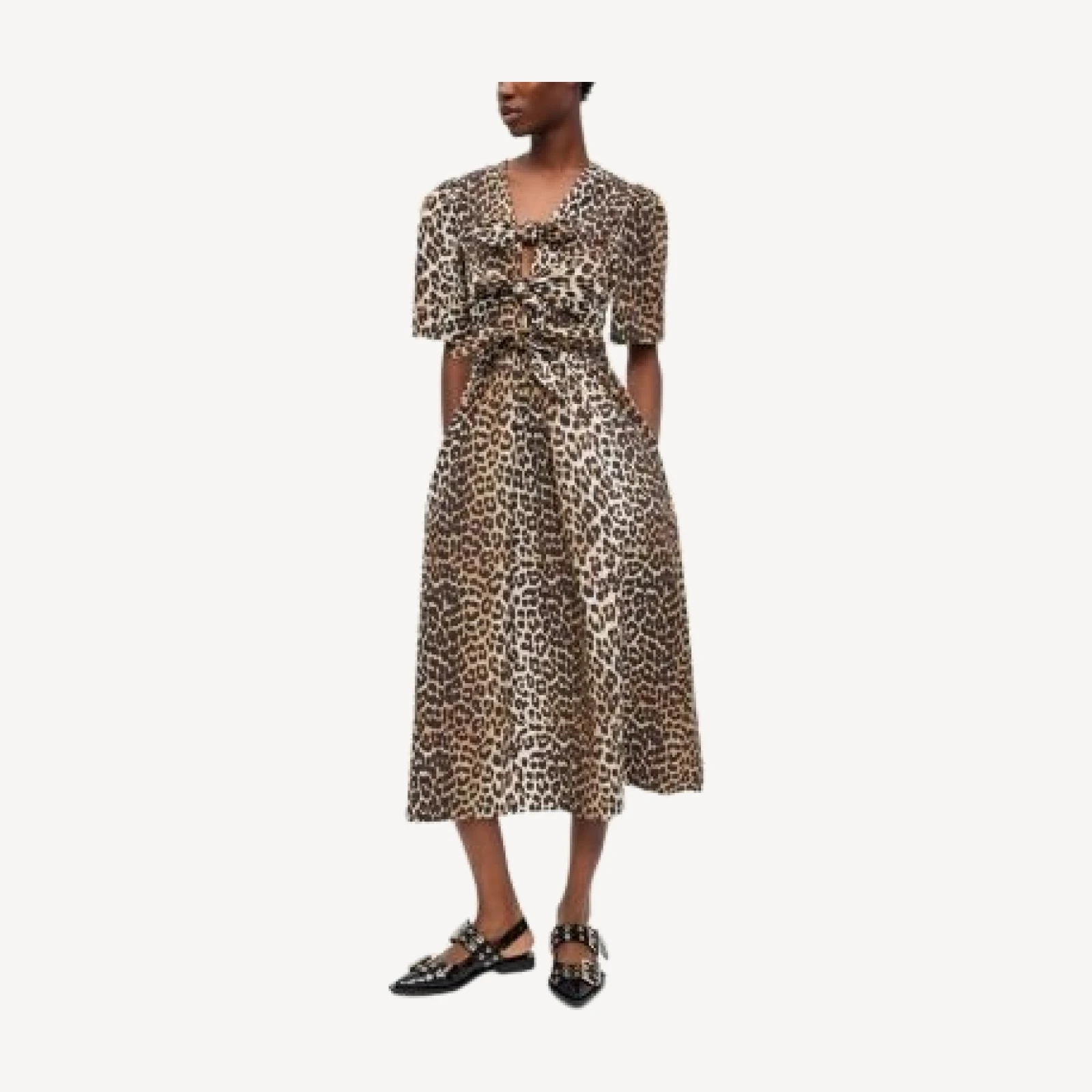 Ganni Leopard Printed Cotton Tie Strap Midi Dress