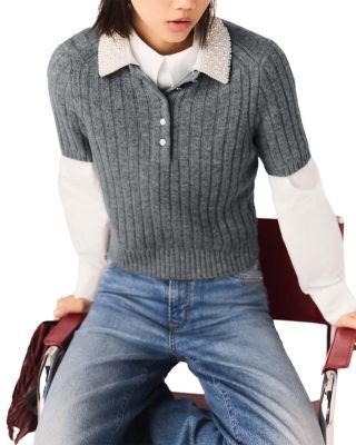 Maje Beaded Collar Ribbed Sweater