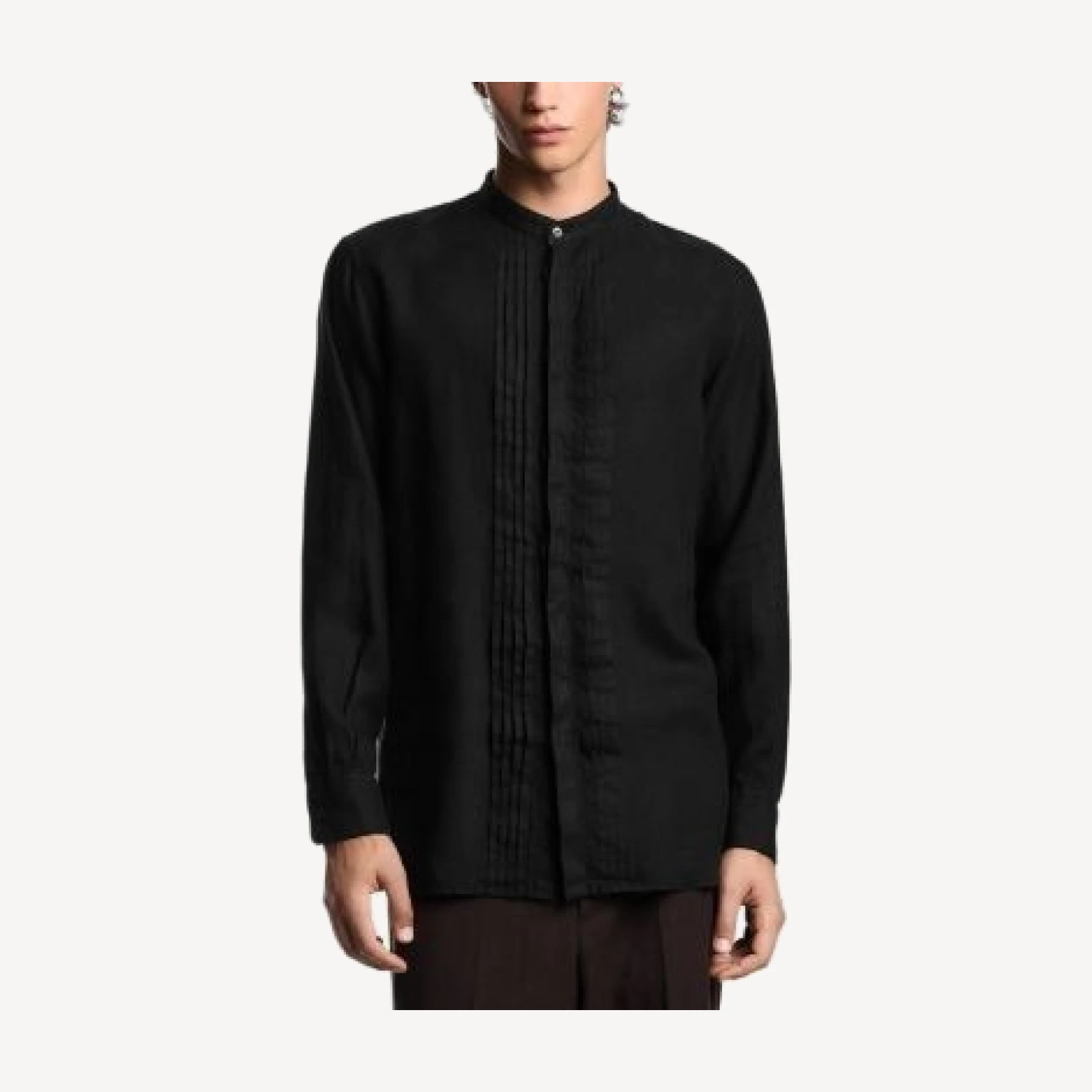 Emporio Armani Garment Dyed Linen Guru Collar Regular Fit Button Down Shirt