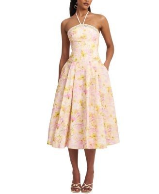 Miss Circle Zaina Floral Print Lace Trim Linen Midi Dress