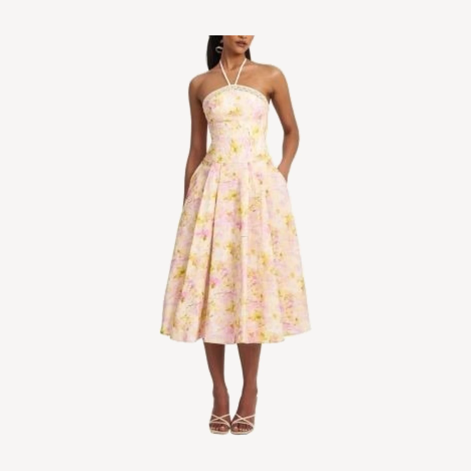 Miss Circle Zaina Floral Print Lace Trim Linen Midi Dress