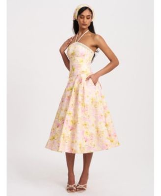 Miss Circle Zaina Floral Print Lace Trim Linen Midi Dress