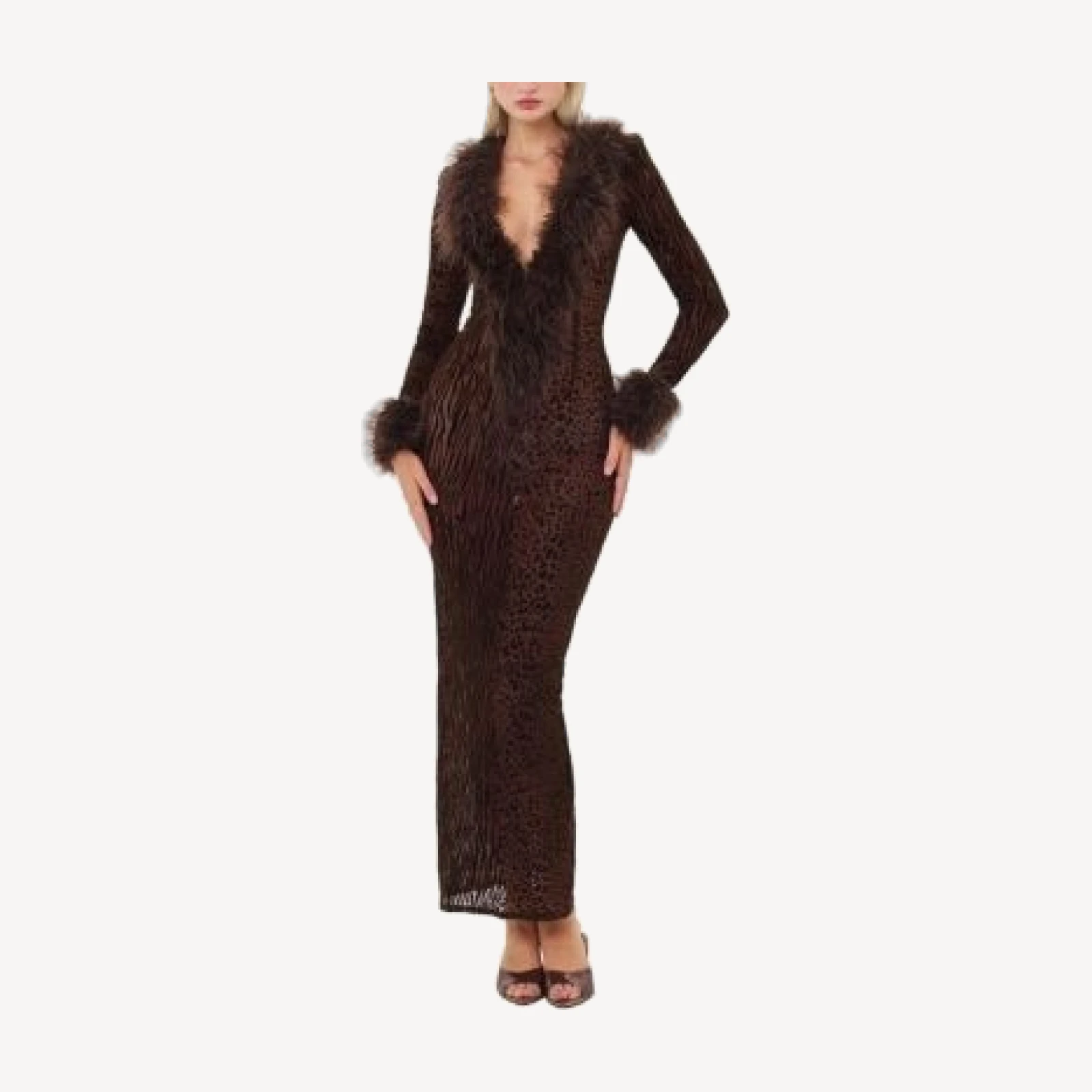Miss Circle Luana Fur Trimmed Deep V Burnout Mesh Maxi Dress