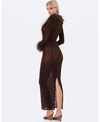 Miss Circle Luana Fur Trimmed Deep V Burnout Mesh Maxi Dress