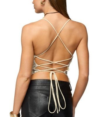 Edikted Sequin Crisscross Backless Cowl Neck Top