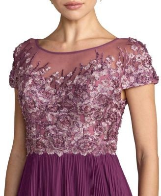Mac Duggal Petite Embroidered Cap Sleeve High Neck Pleated Gown