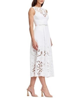 Dress the Population Colton Sleeveless Eyelet Lace Belted Midi Dress