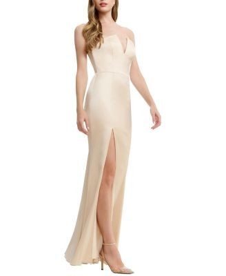 Dress the Population Fernanda Strapless Plunge V-Neck Satin High Slit Gown