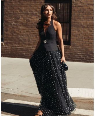Mac Duggal Halter Neck A-Line Pearl-Embellished Skirt Gown