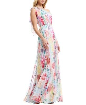 Dress the Population Leandra One-Shoulder Printed Chiffon Gown