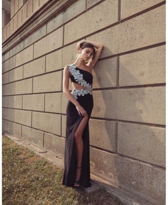 Mac Duggal One Shoulder Jersey Gown With Floral Detail
