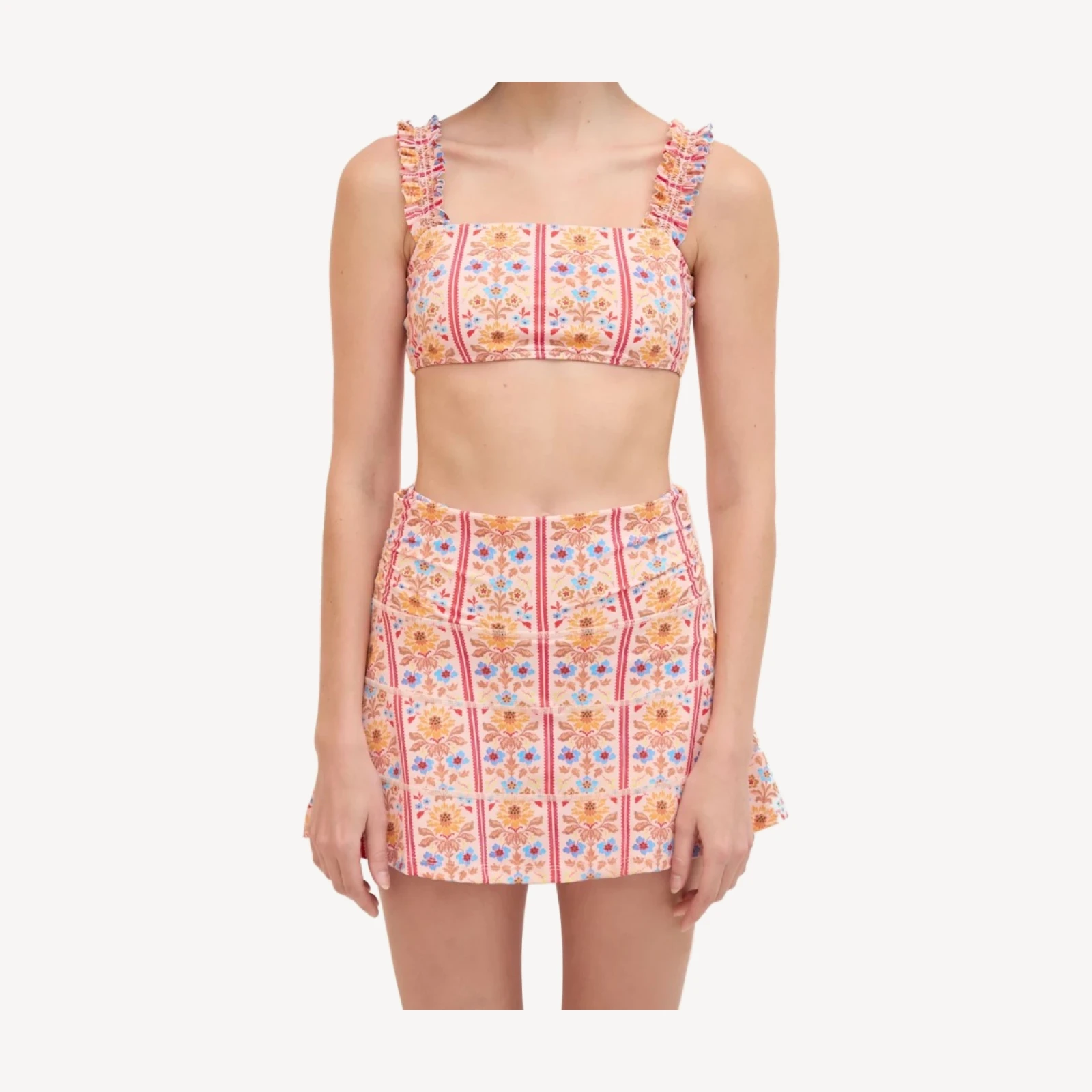 The Riley Pool Skirt - Pink Floral Block Stripe