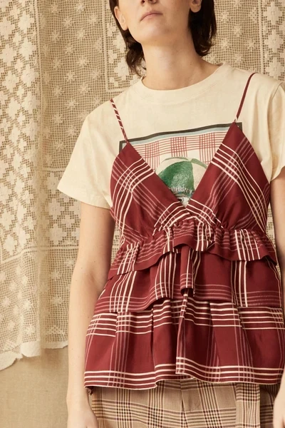 RENZO TOP | CRIMSON EMBROIDERED PLAID