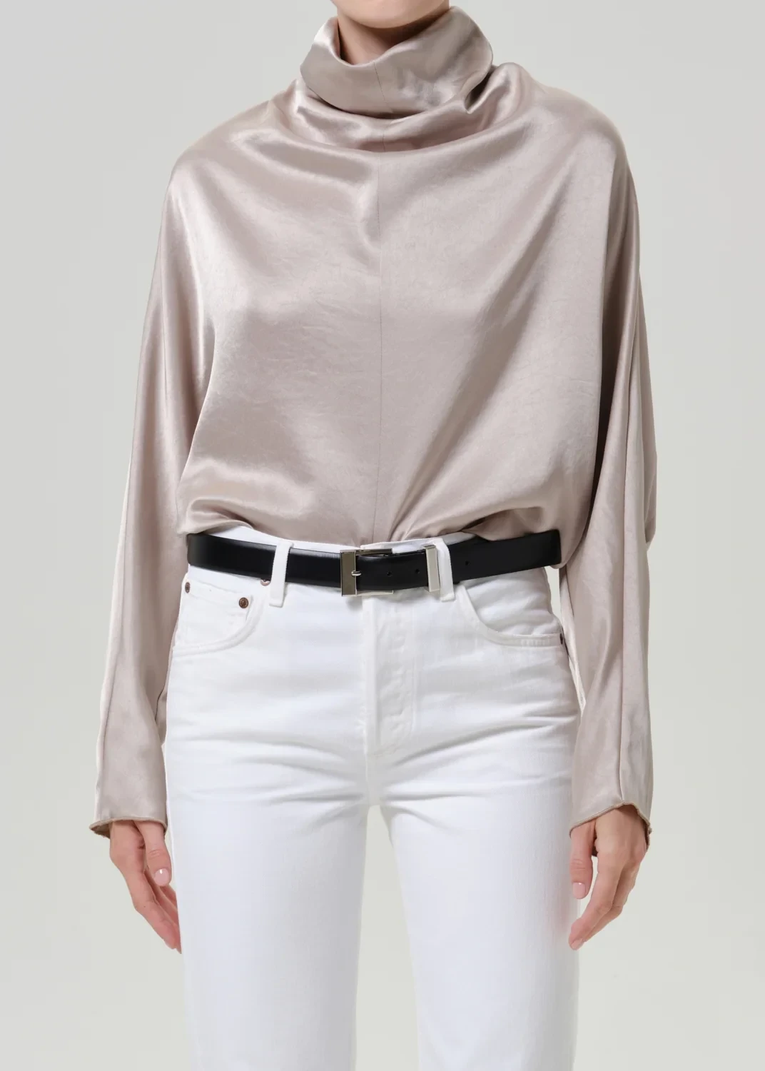 Ilaria Draped Japanese hammered Satin Top in Champagne