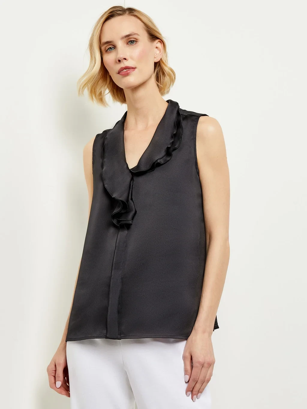 Waterfall Ruffle Crepe de Chine Blouse, Black