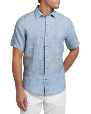 David Donahue Linen Stripe Short Sleeve Shirt