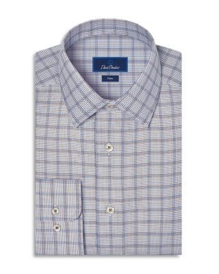 David Donahue Trim Fit Textured Windowpane Cotton Dress Shirt