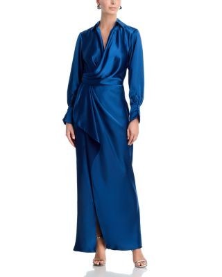 Aqua Satin Long Sleeve Maxi Gown - Exclusive