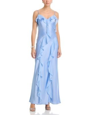 Aqua Long Satin Ruffled Gown - Exclusive