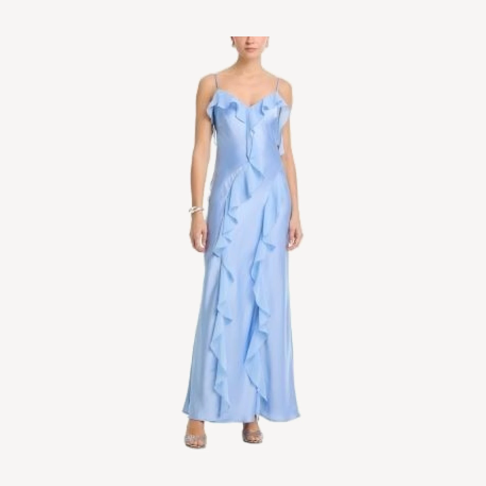 Aqua Long Satin Ruffled Gown - Exclusive
