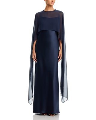 Aqua. Long Satin Dress with Chiffon Overlay - Exclusive