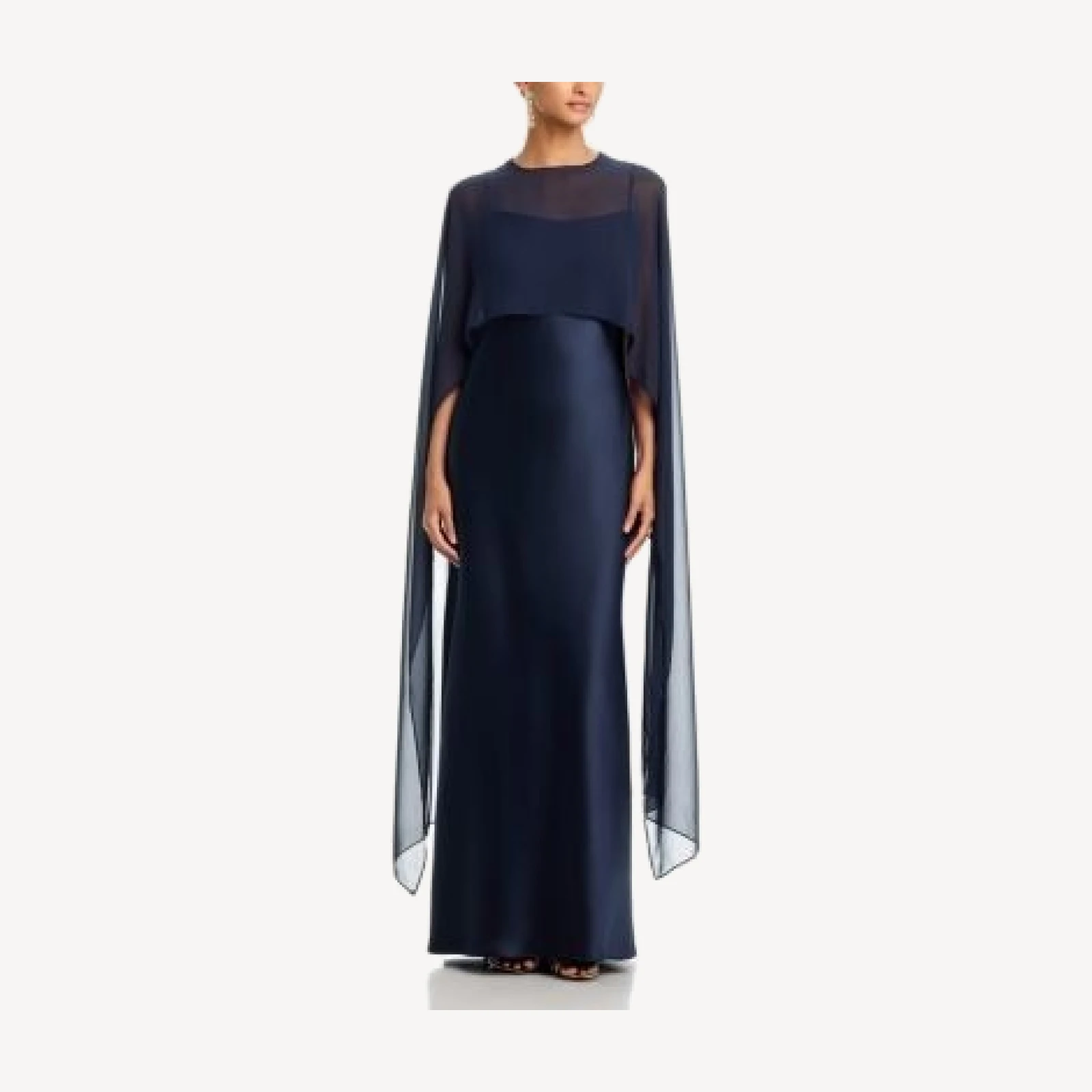 Aqua. Long Satin Dress with Chiffon Overlay - Exclusive