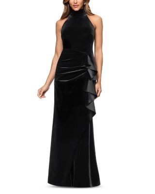 Aqua Stretch Velvet Mock Neck Gown