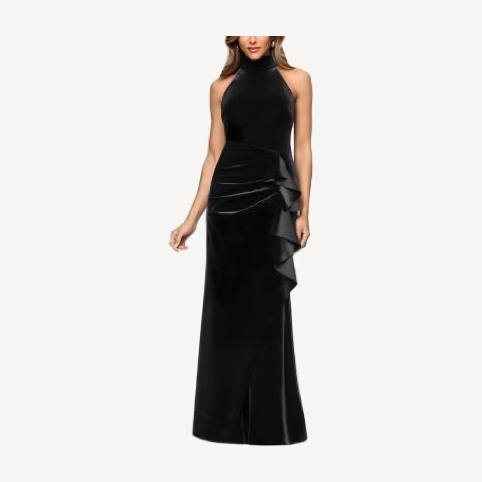Aqua Stretch Velvet Mock Neck Gown