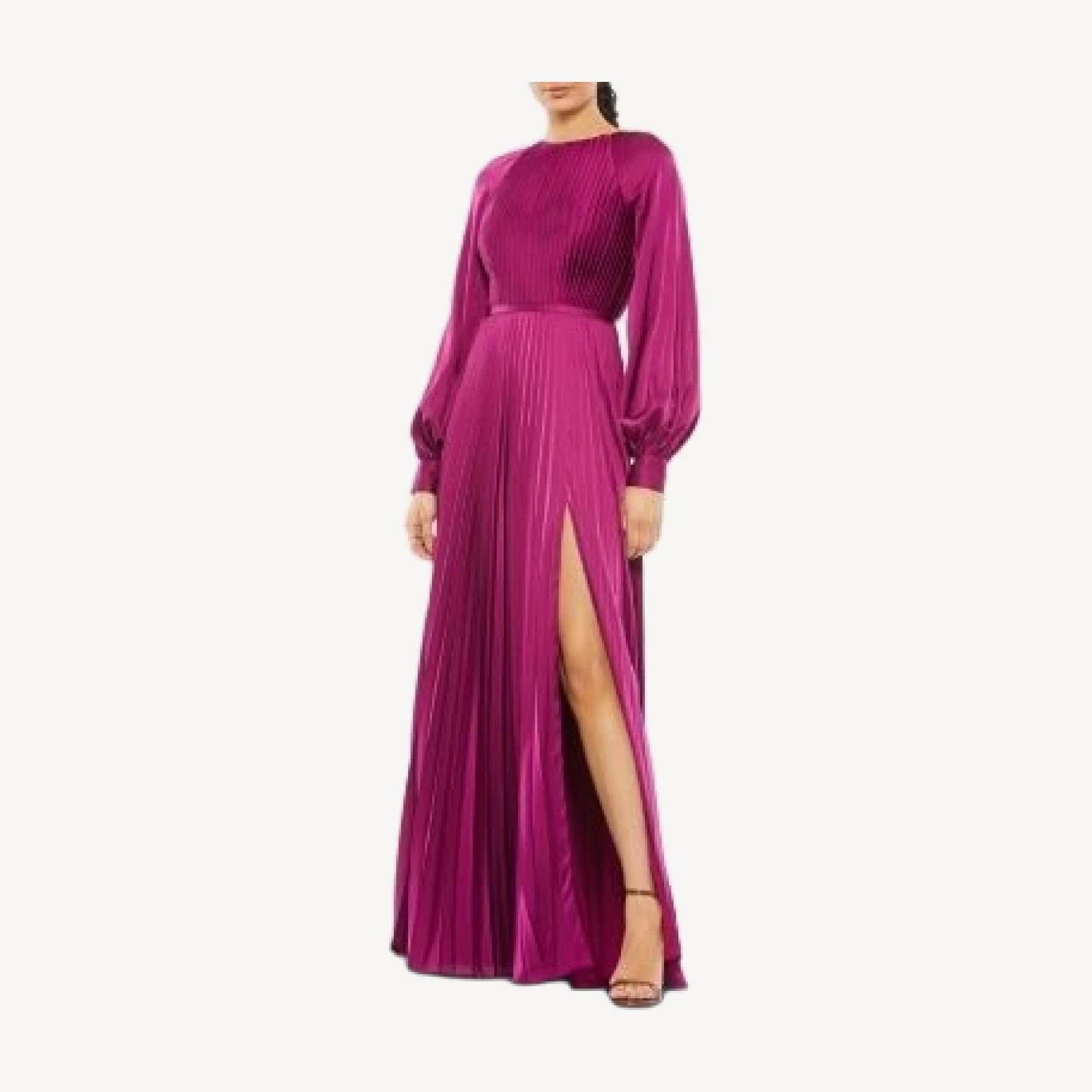 Mac Duggal Pleated High Neck Raglan Long Sleeve Side Slit Gown