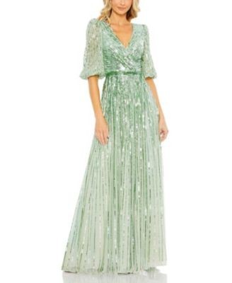 Mac Duggal Sequined Wrap Over 3/4 Sleeve Gown