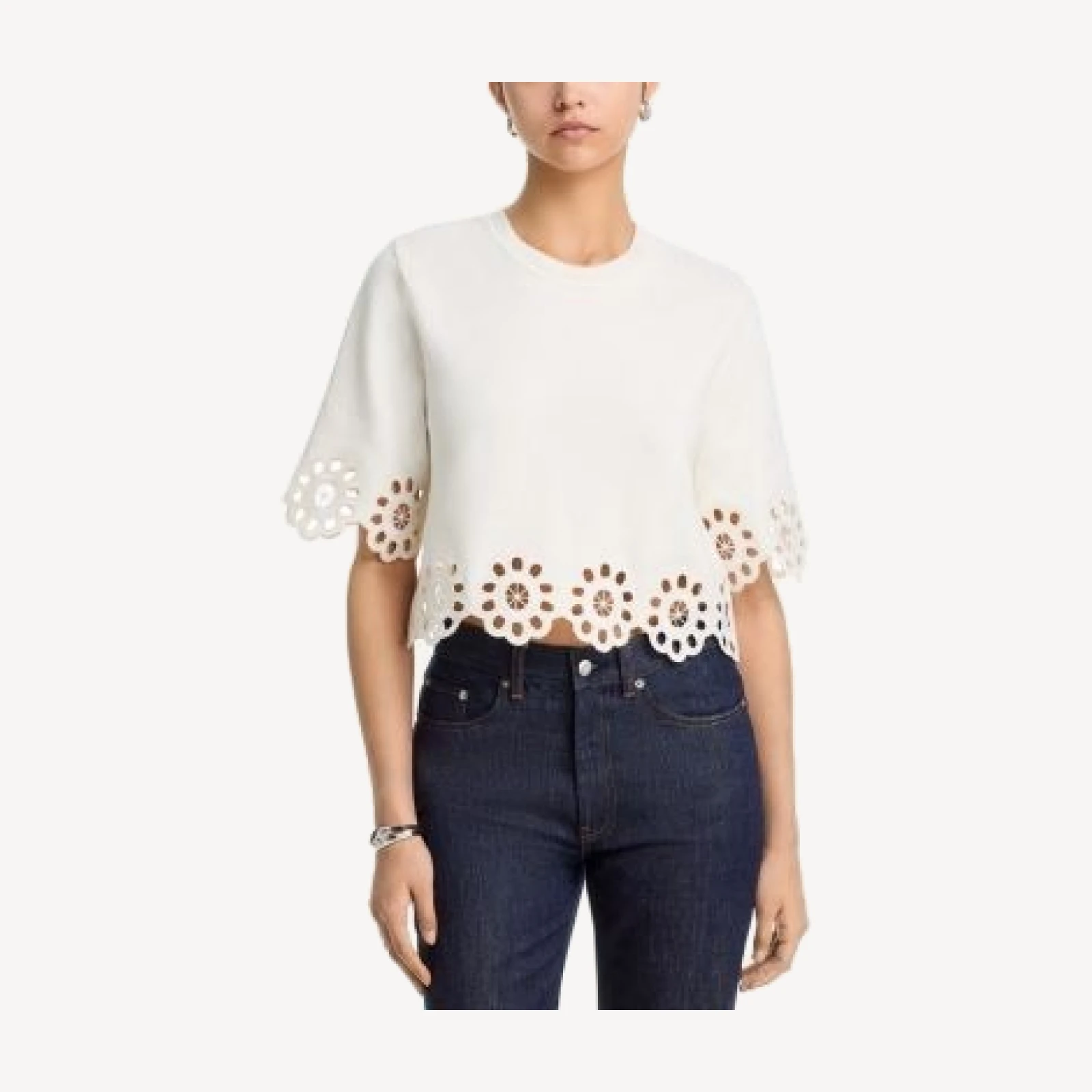 Aqua Embroidered Cutout Crop Round Neck Sweater - Exclusive